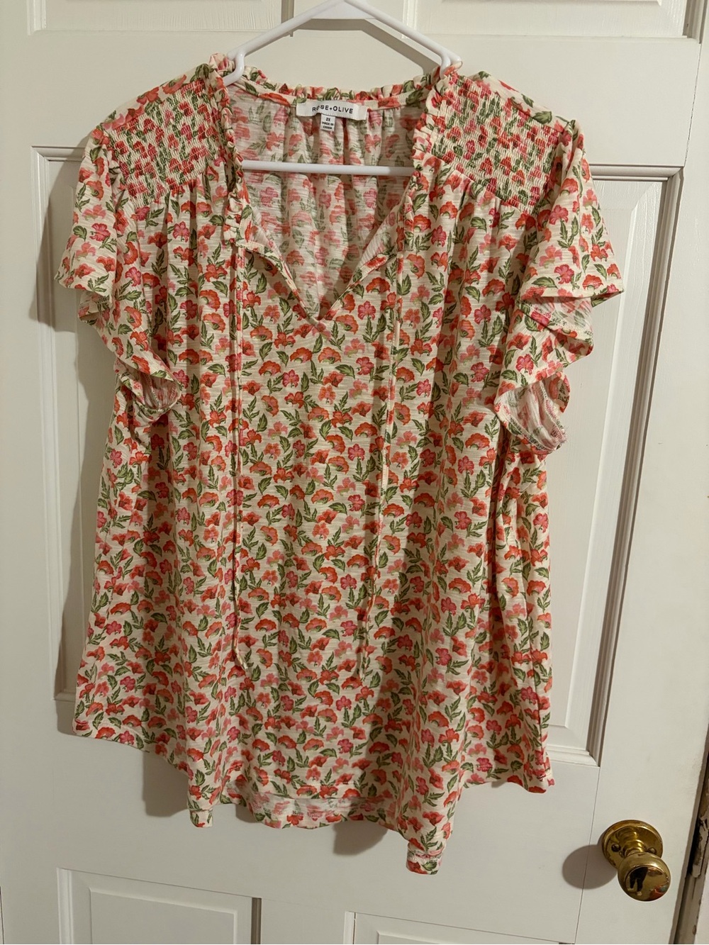Rose & Olive Cream Floral Ruffle Sleeve V-Neck Blouse